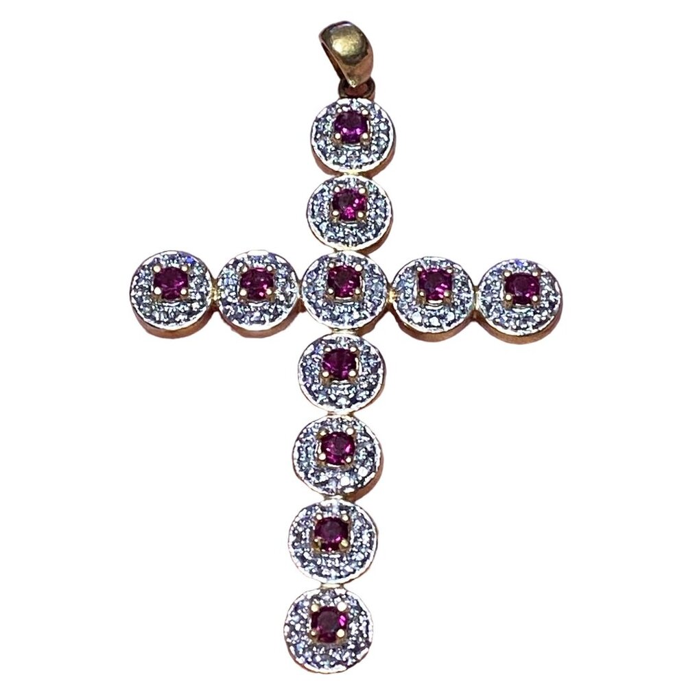 Pendant Cross Garnet CZ Sterling Silver 925 Semi-Precious Stone
